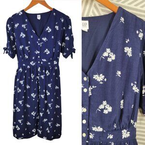 Gap Party Dress size Medium Navy Blue White Floral Bow Tie Sleeve Summer Womens